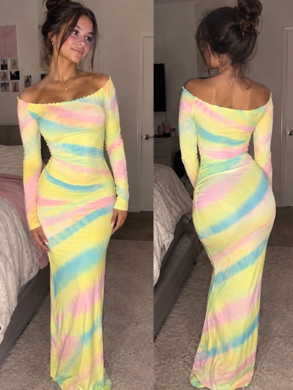 Pastel Rainbow Tie-Dye Off-Shoulder Long Sleeve Maxi Dress